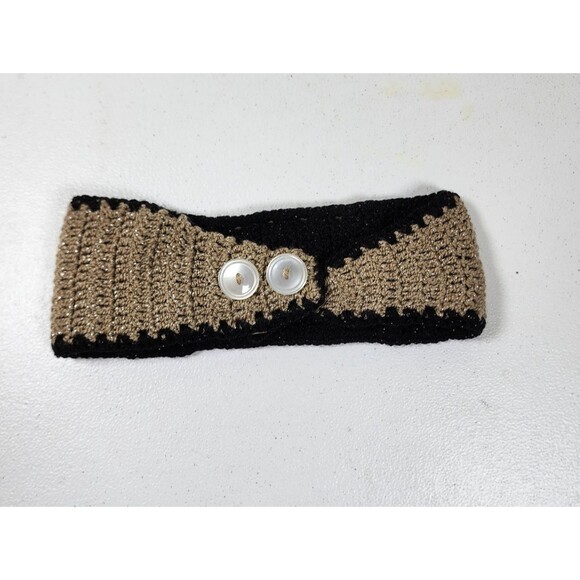 Handmade Crochet Black And Tan Reversible Button Head Band Ear Warmers - Picture 1 of 5